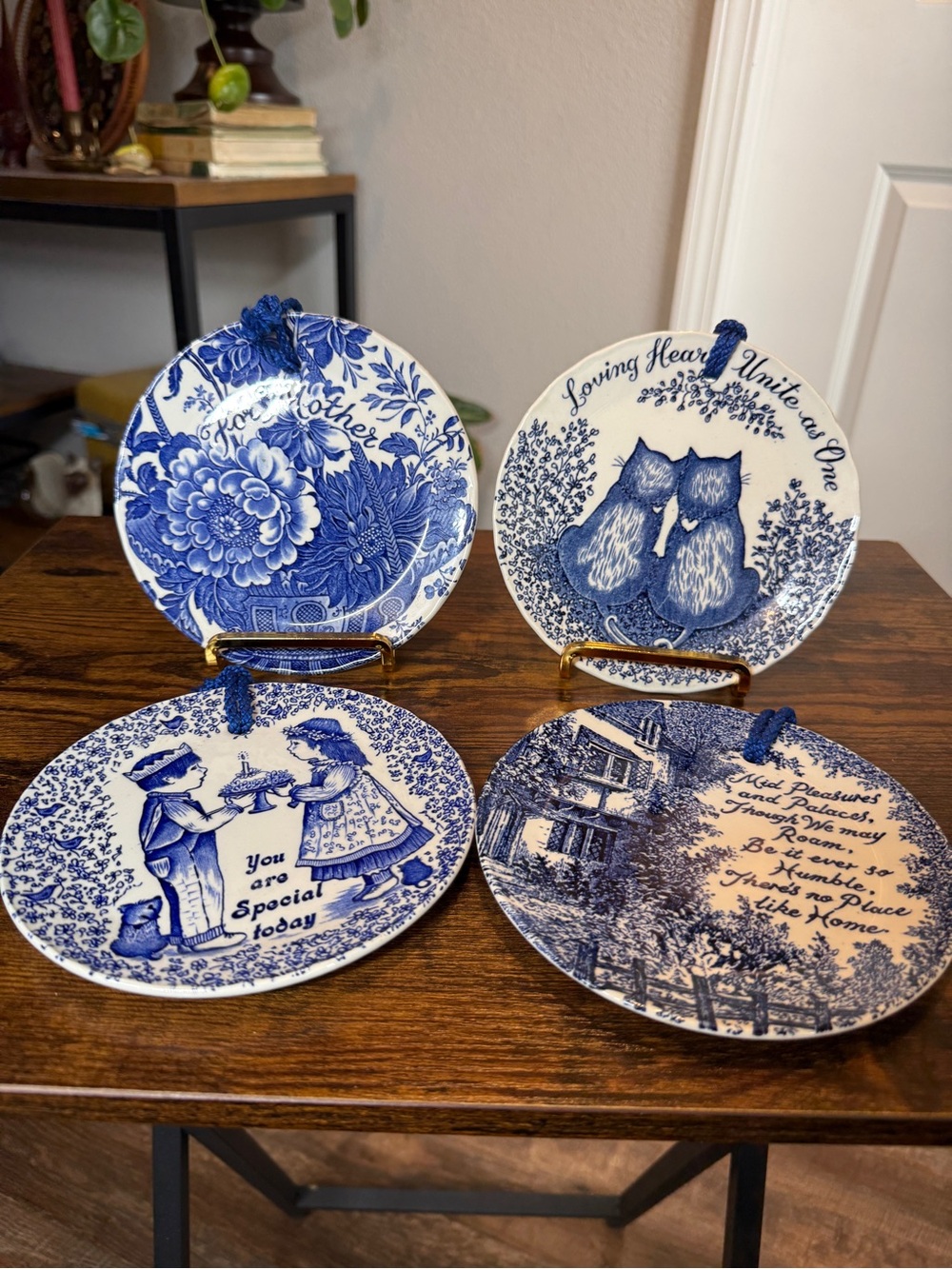 4 Vintage Royal Crownford Blue & White Ironstone Wall Plates - Staffordshire